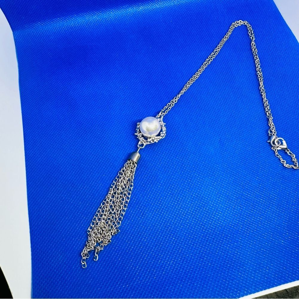 vintage silver tone tassel rhinestone faux pearl long necklace 819